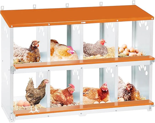 8 Compartment Chicken Nesting Box, Metal Nesting Boxes for Chicken, Indoor & Outdoor Use, Wall Mountable Laying Boxes for Hens, 42.5" L x 13.0" W x 25.0" H, Orange