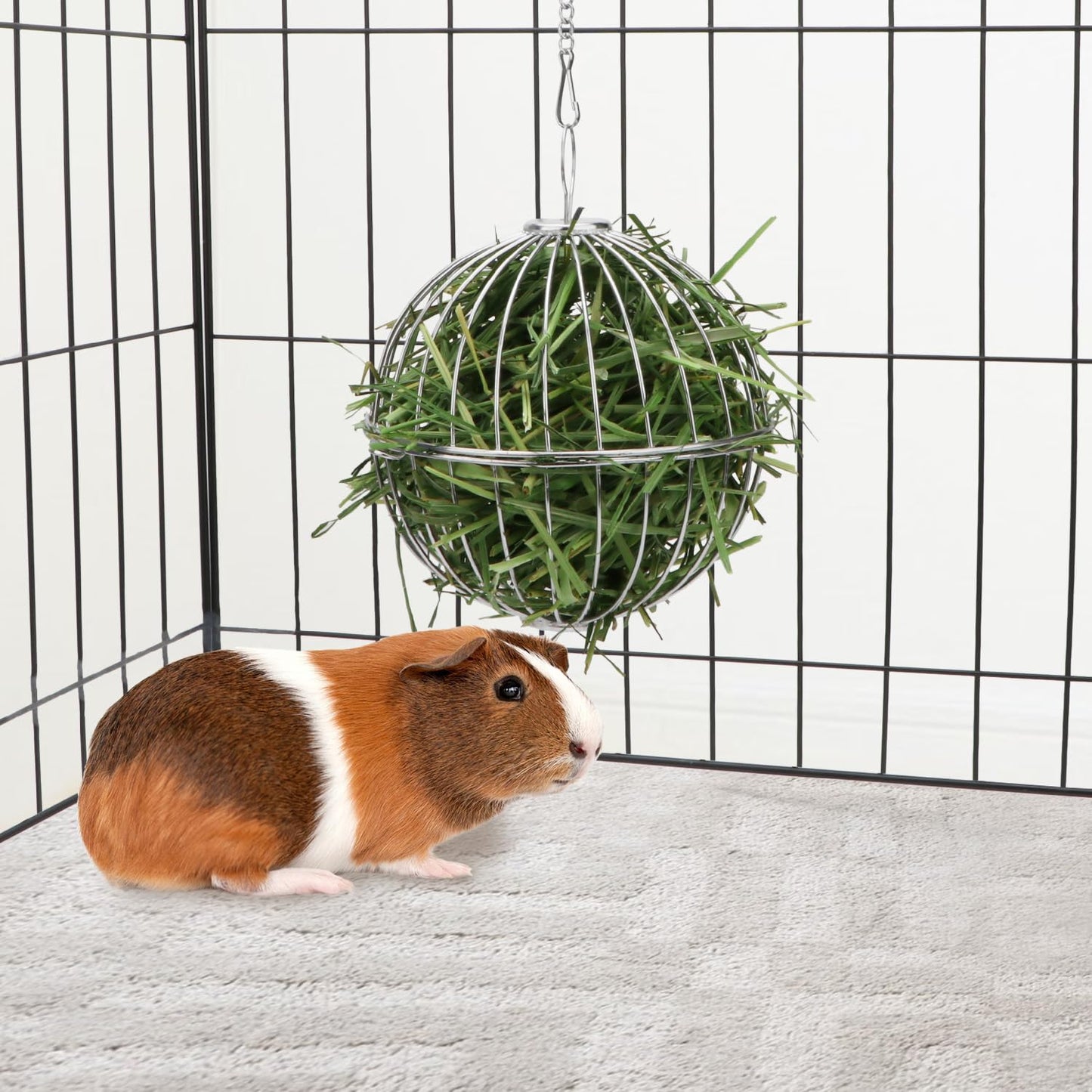 Rabbit Hay Ball Stainless Steel Hanging Feed Dispenser for Bunny Hamster Guinea Pig Rat Chinchilla (A: 5.11inch, Silver)
