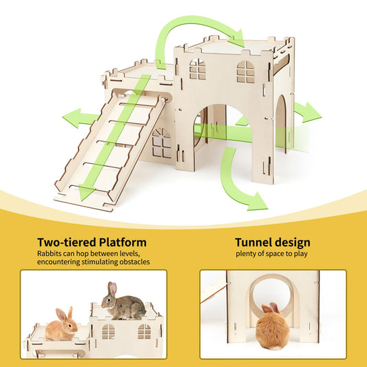 BWOGUE Extra Large Wooden Bunny Castle Hideout Split Balcony for Indoor Bunnies, Multistory Climbing Tower Hideout with Stairs, Ventilated Sturdy House for Rabbits Guinea Pigs and Chinchillas