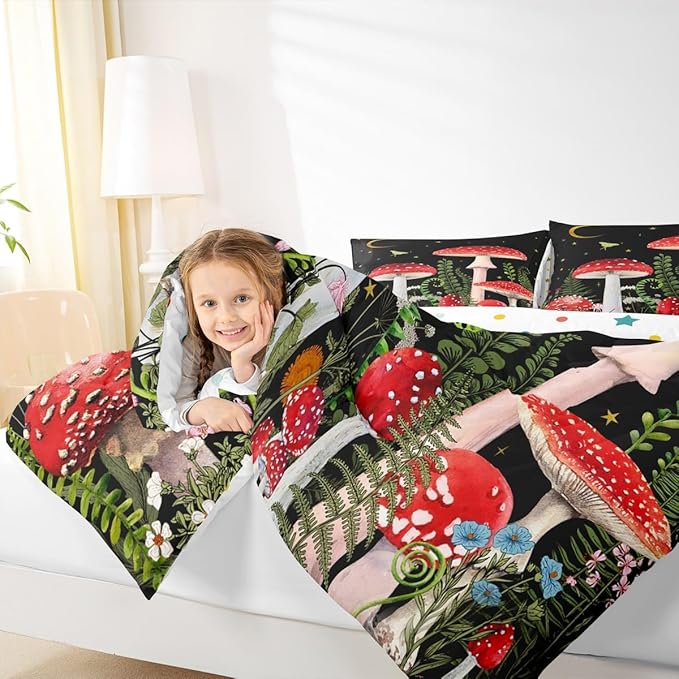 Castle Fairy Red Mushroom Girls Comforter Set Full Size,Magical Plant Snail Duvet Sets Teens Bedroom Decor,Jungle Botanical Brushed Microfiber Soft Bedding Comforter