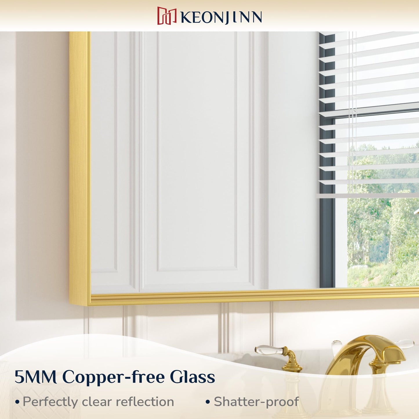 Keonjinn Brushed Gold Bathroom Mirror 60” x 30” Metal Framed Rectangular Wall Mirror Large Farmhouse Bathroom Mirrors Rectangle Gold Wall-Mounted Vanity Mirrors(Horizontal/Vertical)