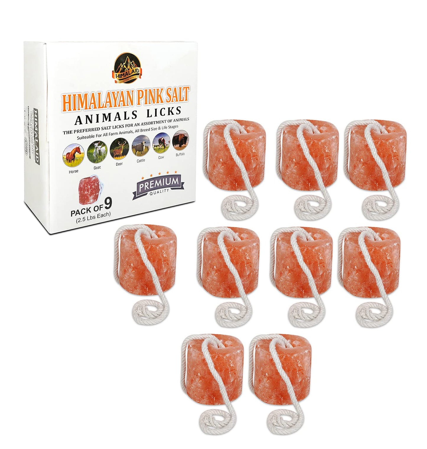 Himalaid Himalayan Pink Salt Lick (2.5 LBS Pack of 9) - 100% Pure & Natural Feed Salt Block | Natural Minerals and Trace Elements, for Livestock and Wildlife Animals