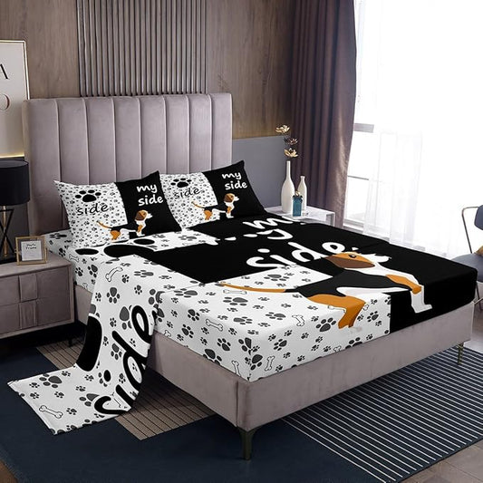 Erosebridal Lovely Dog Paw Bed Sheet Twin,Cute Puppy Bones Sheet Set for Kids Boys Girls,Black and White Animal Bedding Set Bedroom Decor,Dog Side My Side Fitted Sheet + Flat Sheet + 1 Pillowcase