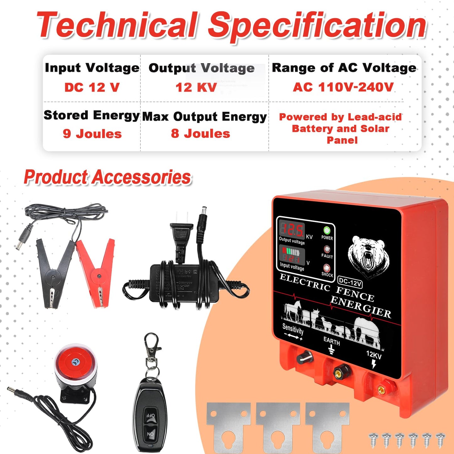9J Electric Fence Charger Energizer, 9 Joules 20 Miles, AC DC 2 in 1 Powered Supply, Input 12V Output 12KV, with Display Alarm and Remote, Deter Predators, Contain Cattle Cow and Livestock