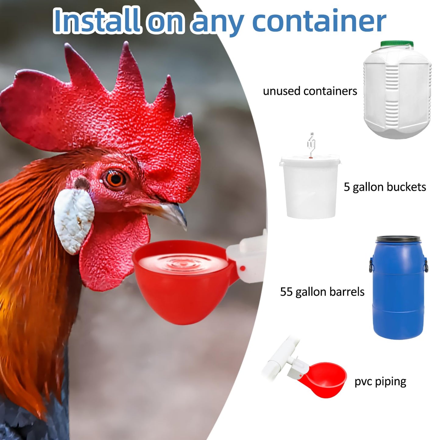 Automatic Chicken Waterer Cups,10 Pack Large Chicken Water Feeder, Universal Tee Fittings Poultry Feeder Cups Suitable for Chicken, Duck, Goose, Turkey with Mounting Hole Opener