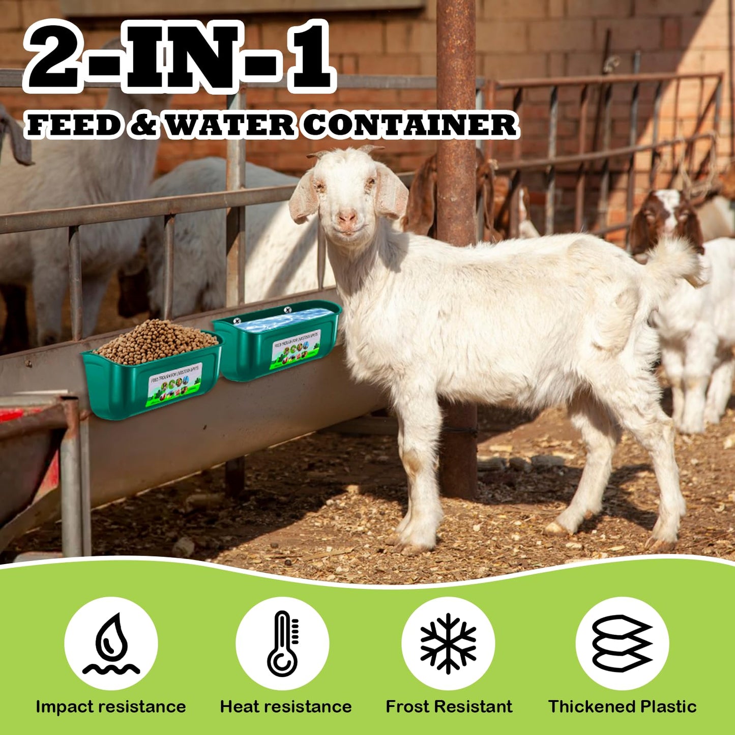 3 Pack Chicken Feeder, Duck Feeder Supplies, Hanging Fence Feed Trough with Clips for Goat, Sheeple, Piglet, Gooses, Turkeys, Dog Livestock Poultry, 8 Quarts in Total, Feed Scoop Included, Green