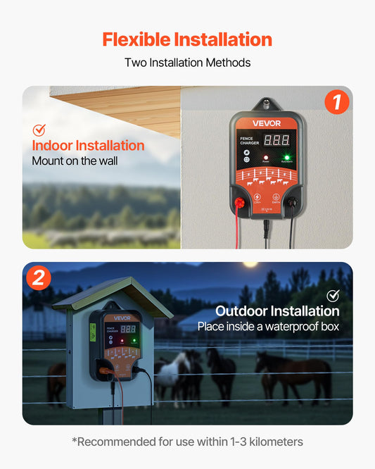 VEVOR Electric Fence Charger, 10kV 3J, AC DC Electric Fence Energizer with LED Indicator, 1.86 Miles Range, Powerful Plug-in Fences Charger, Prevents Wild Animals Intrusion for Livestock Poultry