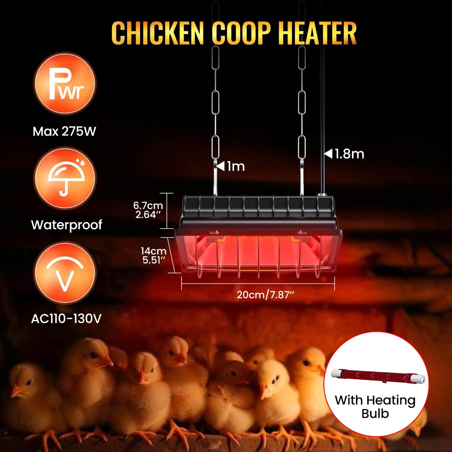 Doright Chicken Coop Heater,Dimmable Brooder Heat Lamp with 175w Infrared Heating Bulb,Brooder Heating Plate with Hanging, Waterproof Poultry Coop Heater for Chicks,Ducks,Puppies Whelping Box(US Plug)