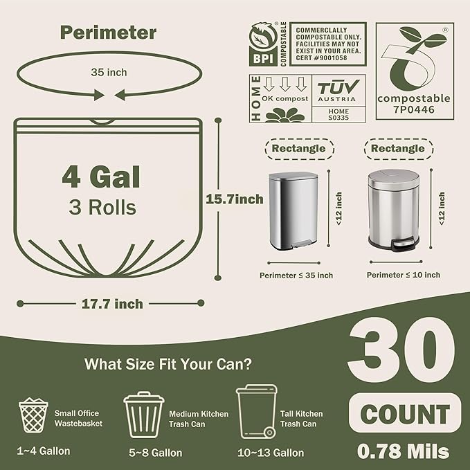 4 Gallon Compostable Handle Trash Bags with Drawstring Extra Thick 0.78 Mils Compost Food Scrap Waste Bags with US BPI ASTM D6400 and Europe OK Compost Home Certified Green 30 Couts