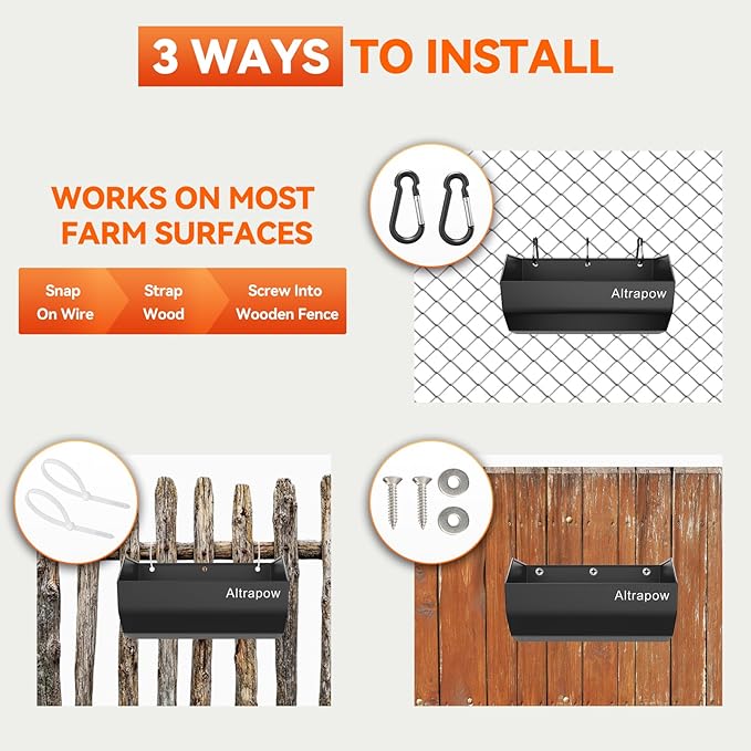 4.5 Quart Hanging Goat Feeder [Material of Metal] with Clips and Nylon Tie Wraps, Fence Feeder [Sturdy and Durable] for Goat, Pig and Dog, Black, 2 Pack