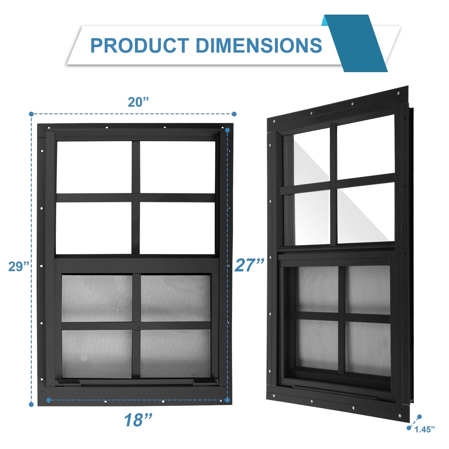 JONRIOX 18" W x 27" H Shed Window,Sliding Window, Aluminum Gray Flush Mount with Tempered Glass and Stainless Steel Screen, Playhouse Window, Chicken Coop Window, Household Window.(Gray 2 Pack)