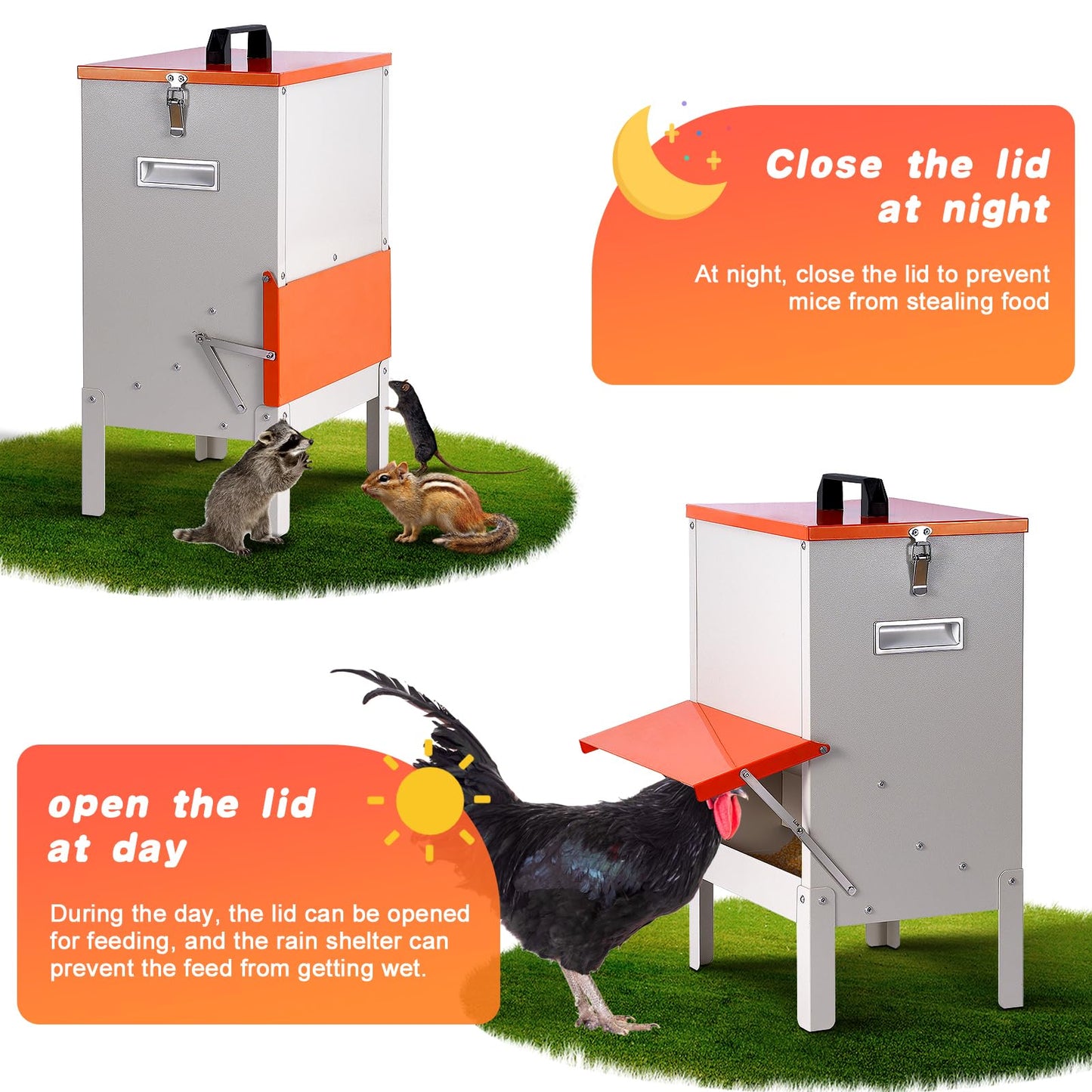 Automatic Chicken Feeders 30lb Metal Poultry Feeder no Waste Large Hanging Chicken Feeders Trough with Lid for Chickens Coop Quail Ducks Outside Galvanized Waterproof Chicken Feeder (30LB)