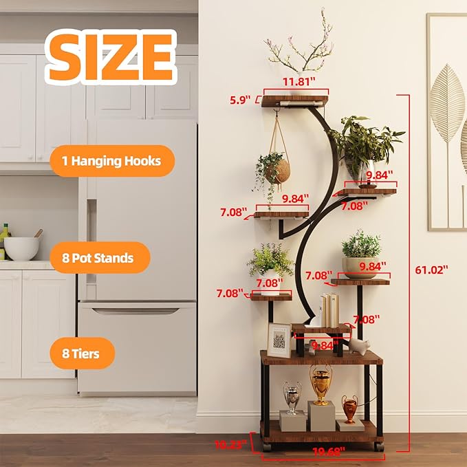 Plant Stand with Grow Light, 61" Grow Light Plant Stand Indoor, 8 Tiered Large Plant Light Stand, Plant Shelf with 4 Wheels, Lighted Decorative S-Shaped Flower Multiple Display Shelves for Home Office