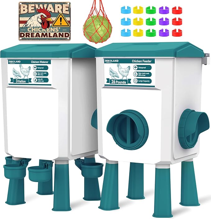 Chicken Feeder and Waterer Set - 3 Gallon/26.5 Pounds, Automatic Chicken Waterer with 4 Cups & 3 Feeder Ports, No Waste Poultry Feeder & Waterer, Chicken Coop Accessories for Hens/Ducks/Poultry
