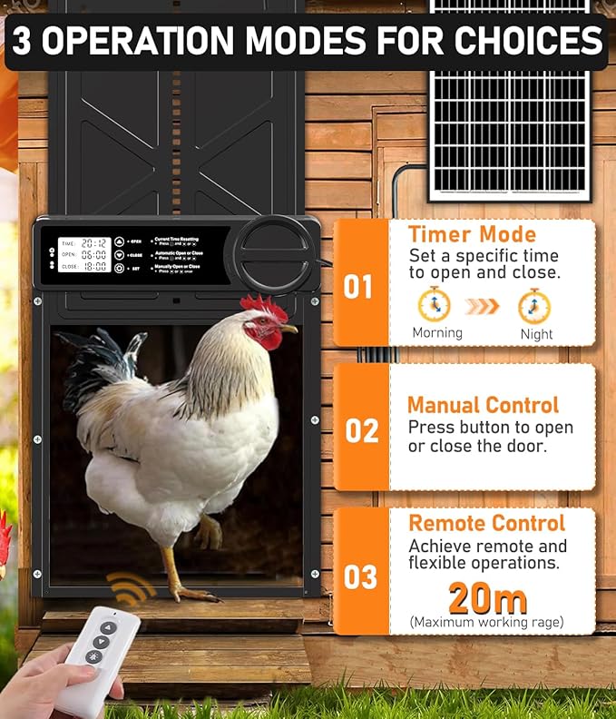 Large Size Automatic Chicken Coop Door Solar Powered - Timer/Manual Mode, Solar Chicken Coop Door Anti-Pinch, Aluminum Alloy Chicken Door | Higher Battery Capacity | 20M Remote Control