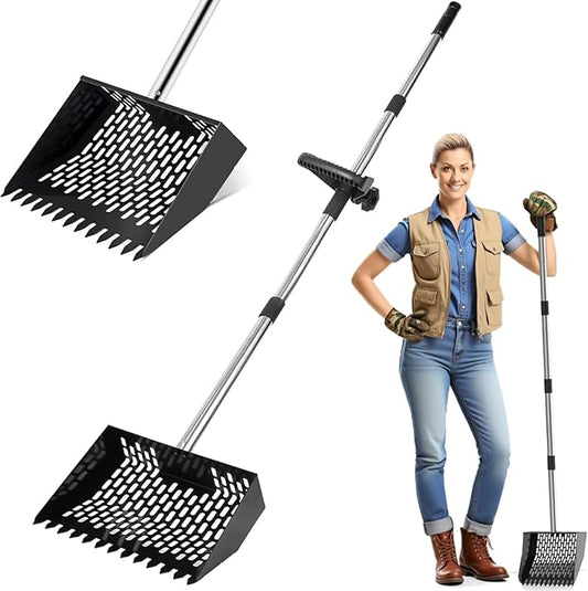Metal Chicken Poop Scooper & Rake 2-in-1 Stainless Steel Shovel Head & Adjustable Handle with Ergonomic Grip Durable Sand Sifting Litter Shovel for Chicken Coops & Small Farm Animals