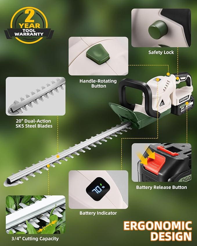 20" Hedge Trimmer Cordless with Battery,Electric Bush Trimmer,Lightweight Hedge Trimmers,3000RPM 180°Rotatable Head,3/4''Blade Gap Cordless Hedge Trimmer