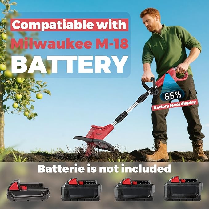 Cordless Electric Garden Tiller Cultivator Compatible with Milwaukee 18V Battery(Tool Only), Folding Electric Rototiller Features 40 Steel Tines 310RPM, Red
