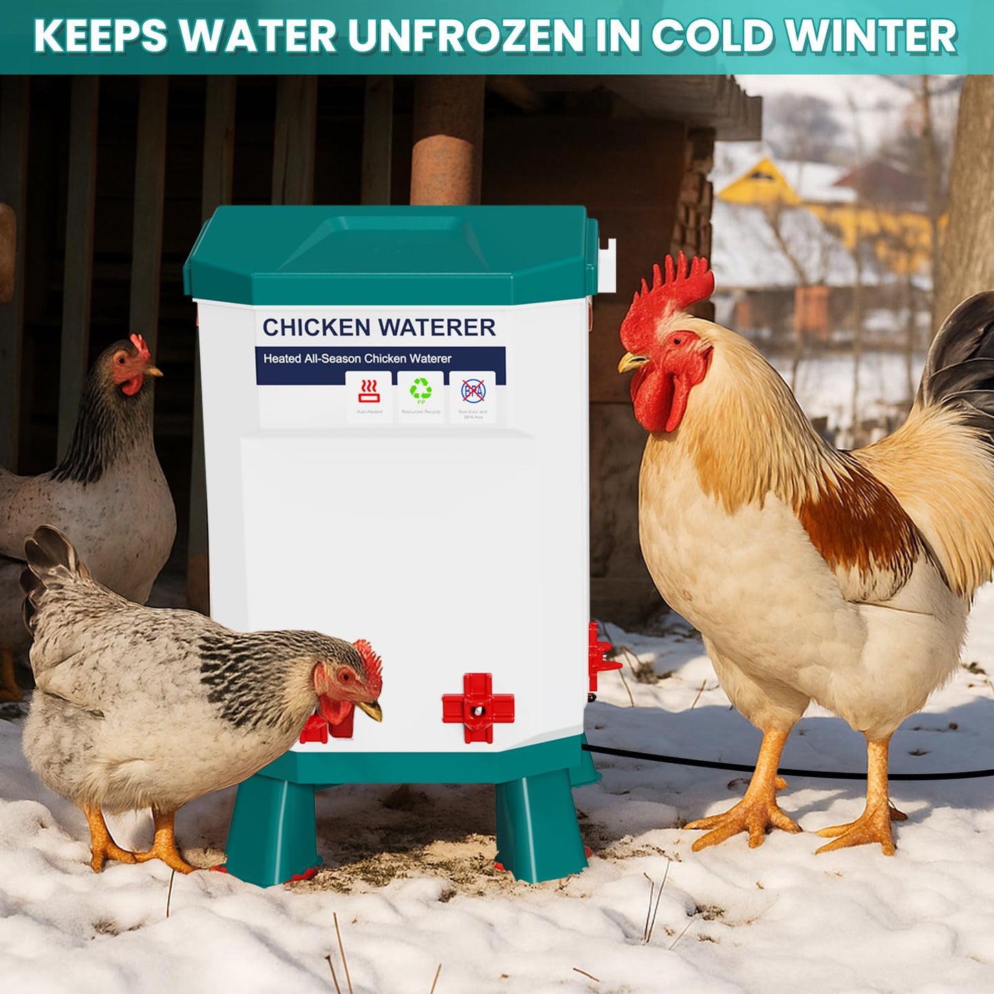 Nexum Heated Chicken Waterer - 2 Gallon Winter-Proof Poultry Drinker with Nipples and Stand, Auto Thermostat for Chickens, Ducks & Quail - Freeze-Resistant, Easy Fill (Blue, 2 Gallon)