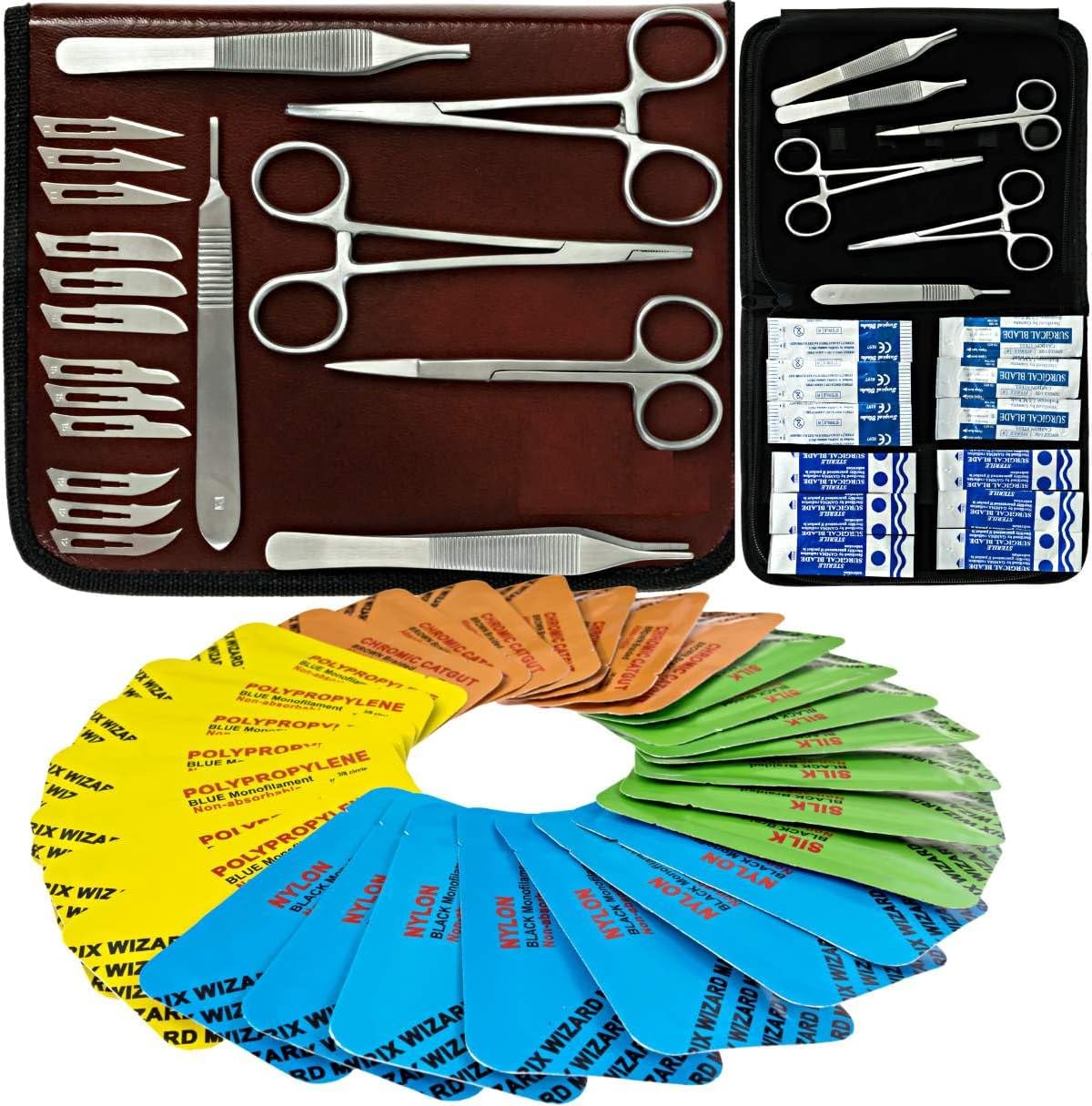 Sterile Sutures Thread with Needle Plus Tools: Extra Large Mixed Dissolvable and Non-Dissolvable Suture 47 Unit Set - Emergency Camping Hiking First Aid Demo, Surgical Wound Closure Training, Vet Use