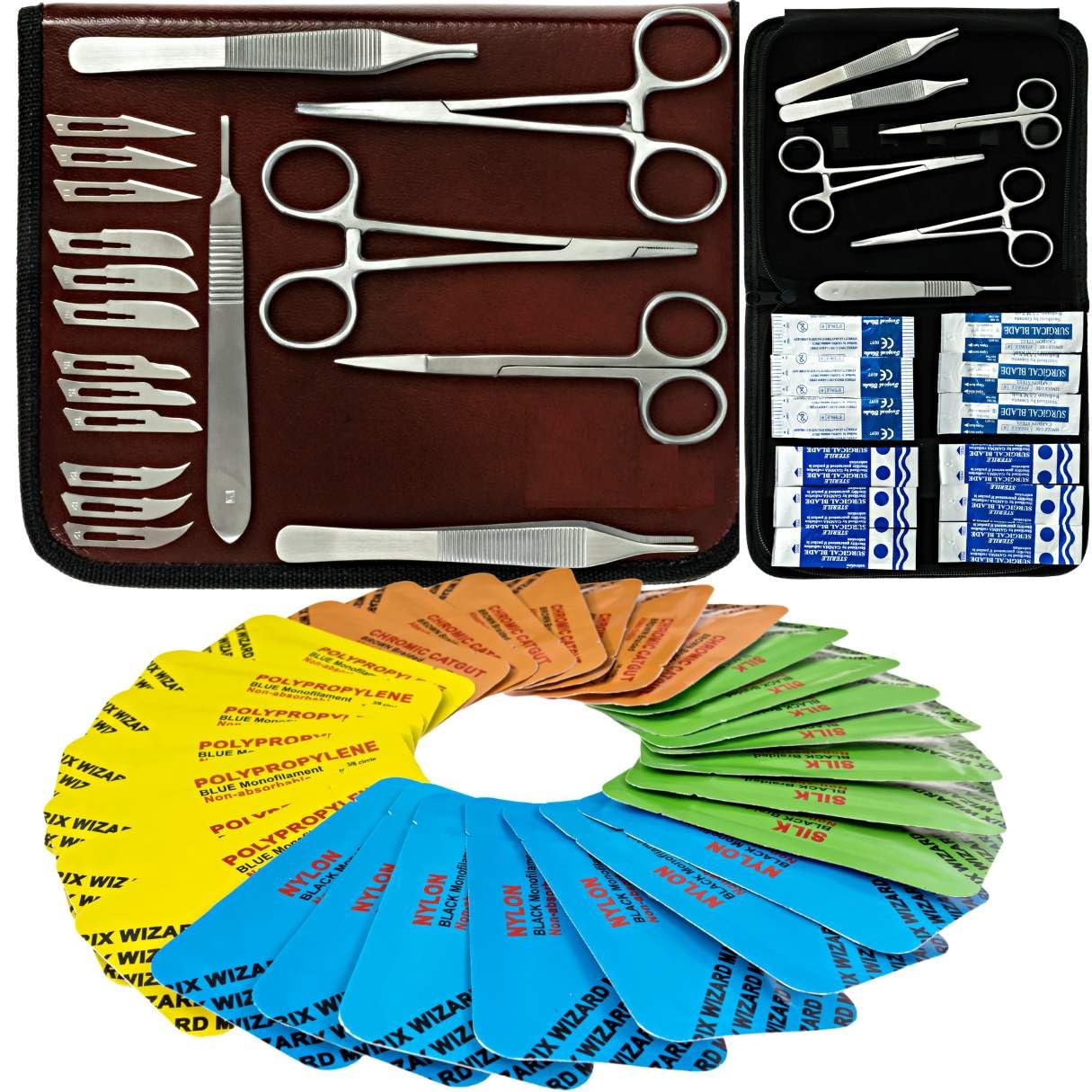 Sterile Sutures Thread with Needle Plus Tools: Extra Large Mixed Dissolvable and Non-Dissolvable Suture 47 Unit Set - Emergency Camping Hiking First Aid Demo, Surgical Wound Closure Training, Vet Use