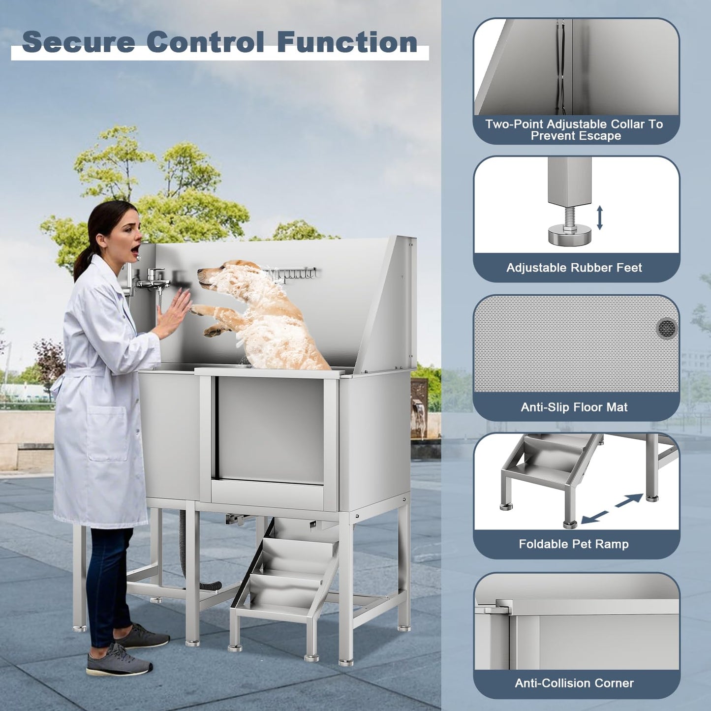 50" Stainless Steel Dog Grooming Tub, Large Dog Bathing Station with Non-Slip Retractable Ramp & Right Door, Heavy Duty Pet Washing Sink w/Non-Slip Floor Grate, Bath Brush, Washing Gloves