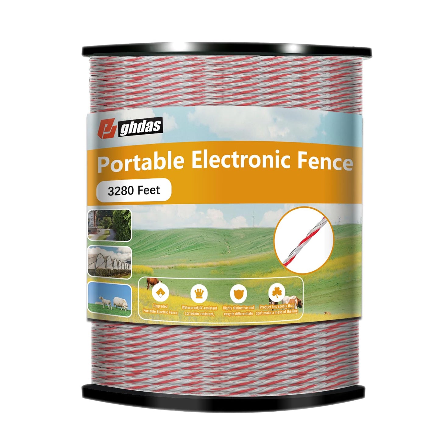 Portable Electric Fence Polywire 3280 Feet 1000 Meter, for Fencing Livestock, Farm Animals, Horses, Deers, Farm Animals, Gardens, Good Conductivity and Waterproof, Coyote-Proof, Crossing-Proof
