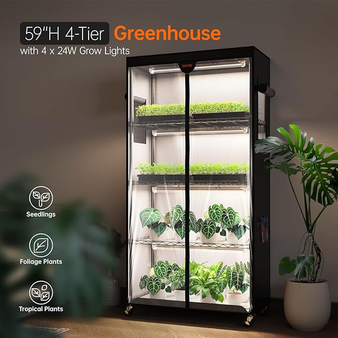 Bstrip Indoor Greenhouse with Grow Light, Plant Stand with 4 Pack 24W Full Spectrum Plant Lights , Plant Shelf with Tent for Indoor Plant, Seed Starting, Seed Tray, 29.5"x13.8"x59"