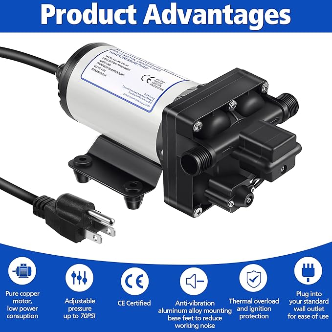 Water Pressure Booster Pump 110v 5.5 GPM 70 PSI, Self Priming Industrial Water Pump with Power Plug, Pipe Fittings Brass Connector Strainer Filter for Kitchen Bathroom Rv Marine Caravan Garden(Black)