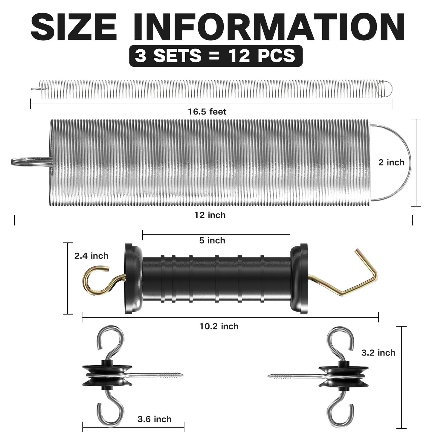 12PCS Electric Fence Gate Kit, 3 Sets Electric Fence Spring Gate Handles Kit, Plastic Electric Fence Gate Handle with Insulators with Spring 16-Feet Tension Spring and Two Way Hook Fence Insulator