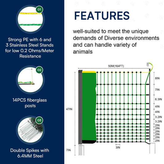 My Animal Command Premium 47” x 164’ Electric Poultry Fence Netting Pre-Assembled, 14 Posts Portable Semi-Rigid Suitable for Multiple Animals in Ranches Farms and Backyards