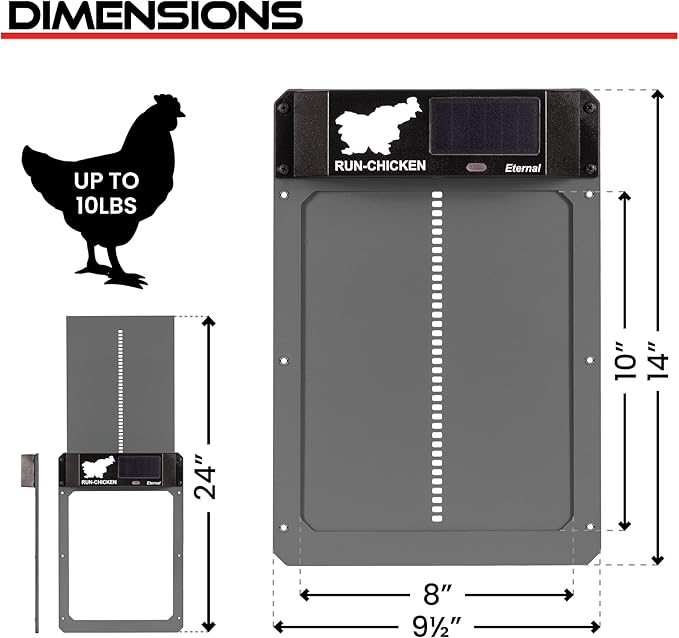 RUN-CHICKEN Door (Gray) Solar Chicken Coop Door, Battery Powered Automatic Chicken Coop Door, Programmable Electric Chicken Door with Timer, Light Sensor, Solar Powered, Eternal