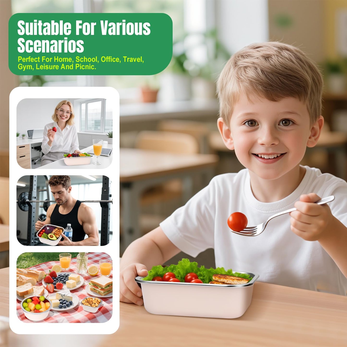 20oz Stainless Steel Lunch Box With Leakproof Tempered Glass Lids Microwavable Stainless Steel Food Storage Containers Stackable Freezer Fruit Snack Meal Prep Metal Bento Box for Travel Picnic Square