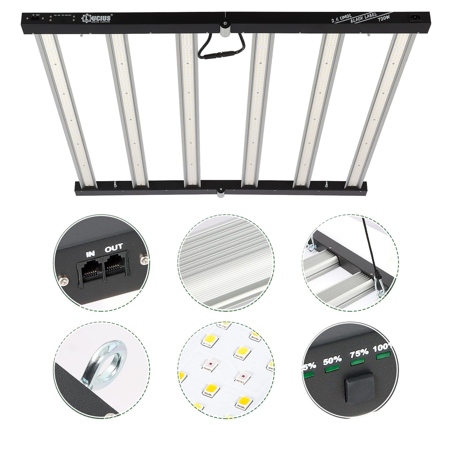 Lucius 720W LED Grow Light with LM281B Diodes, Full Spectrum Grow Lamp for Indoor Plants, 1872μmol/s, 2.6μmol/J, 5x5ft Coverage, Dimmable 0–100%, 120/240V, Ideal for Hydroponics, Greenhouse