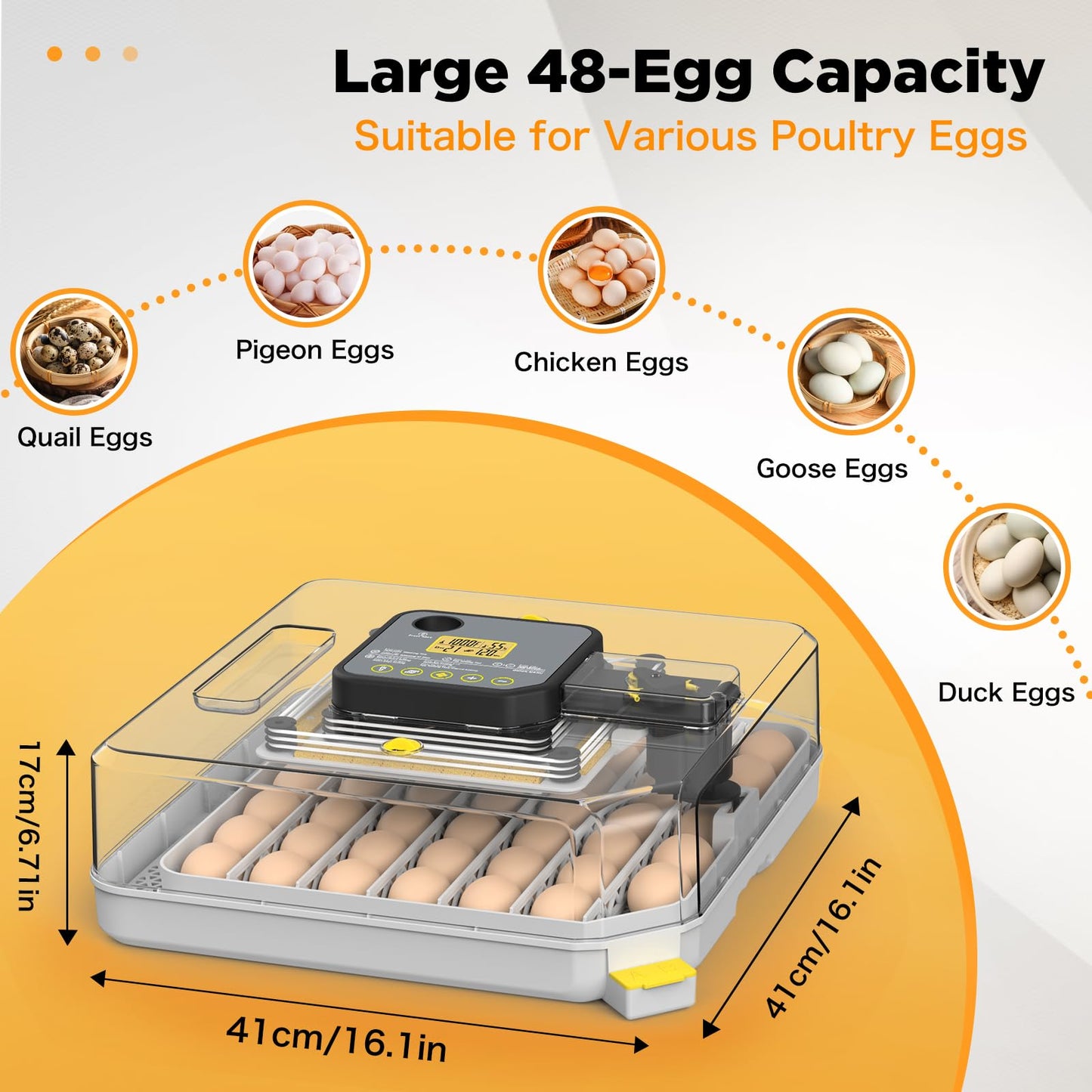 Incubator for Hatching 48 Eggs with Automatic Egg Turning and Humidity Control, Egg Incubator with Temperature, Incubators for Chicken, Ducks, Goose, Quail, Pigeon, Grey