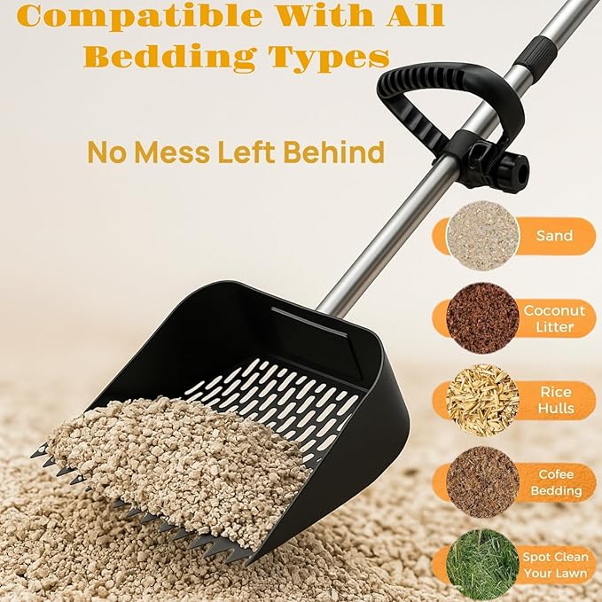 Chicken Shovel Poop Scooper & Rake 2-in-1,Metal Coop Scoop for Sand with 24"–63.7" Adjustable Stainless Steel Handle,Ergonomic Grip Litter Sifting Shovel for Pooper Cleaning,Farm&Poultry