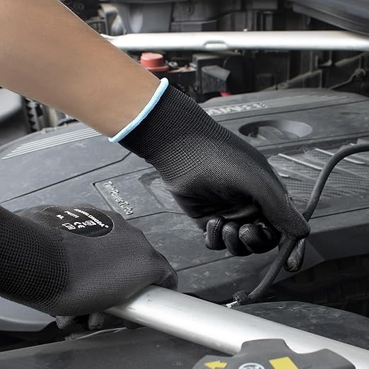 Kebada Safety Work Gloves, 12 Pairs Work Gloves with Grip, PU Coated Grip Gloves for Warehouse, Construction, Gardening and Mechanics, Black, Small