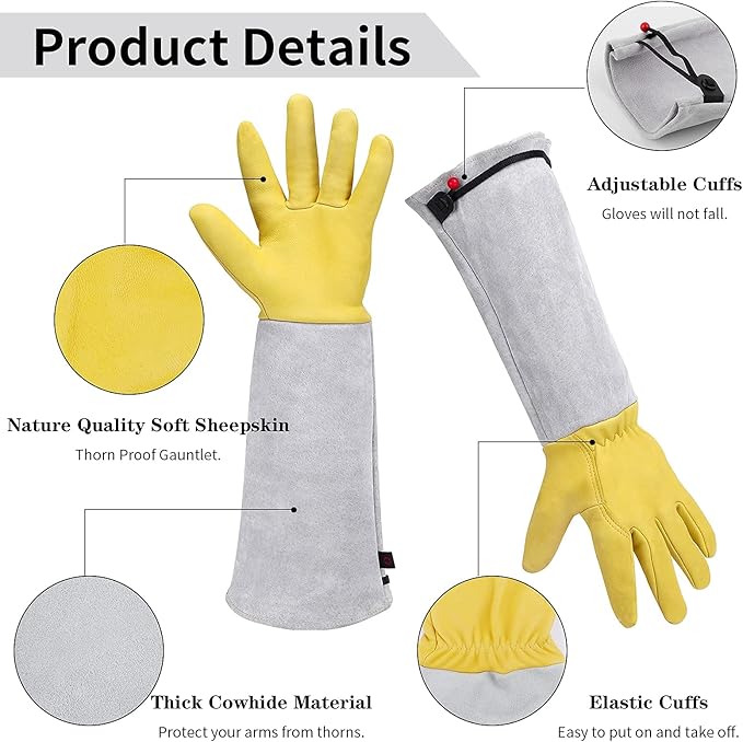 Rose Pruning Gloves for Men/Women, Long Gardening Gloves Thorn Proof, Cactus Glove, Goatskin Leather Planting Gauntlet Garden Working Glove, Gardening Gifts for Gardeners (Small)