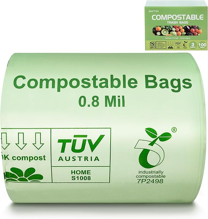 Compostable Trash Bags 3 Gallon, Extra Thick 0.8 Mils, 100 Count, ASTM D6400, BPI, OK Compost Home Certified, Small Kitchen Compost Bags,Green Bin Liners for Food Waste and Composting