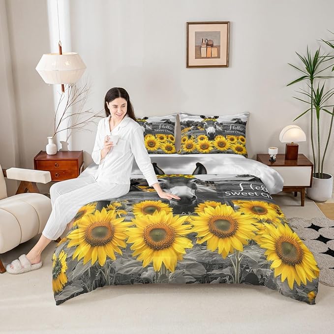 Erosebridal Donkey Comforter Set - Full Size Funny Farm Animal Bedding 3 Piece for Boys & Girls - Rustic Farmhouse Sunflower Duvet Insert - Cute Farm Donkey Print Quilt with 2 Pillowcases