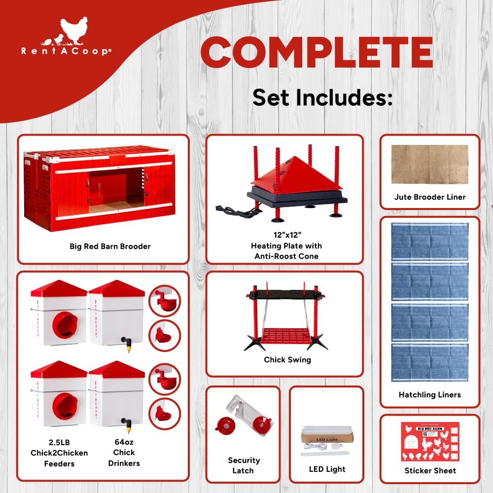 RentACoop Big Red Barn Chick Brooder Set with Heating Plate and Anti-Roost Cone, Two Chick Feeders, Two Chick Drinkers, Swing, Hatchling Liners, Jute Liner, LED Light, Security Latch