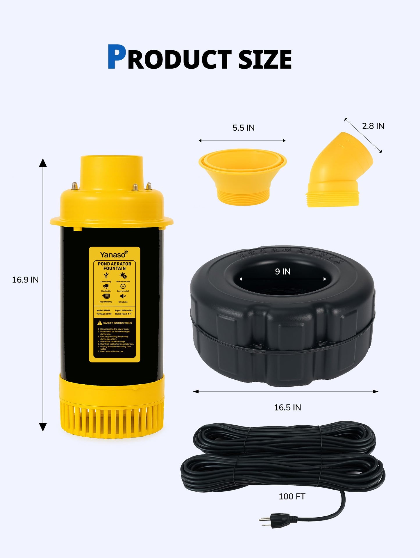 YANASO Pond Fountain Aerator, 1HP 15000 GPH Fountain Pump with Timer, 15A/110V 100FT power cord, 2 Spray Patterns, Energy-Efficient Water Circulation for Ponds & Lakes