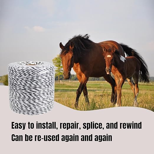 Portable Electric Fence Polywire, 1312 Feet 400 Meter, 9 Conductors, Black and White Color