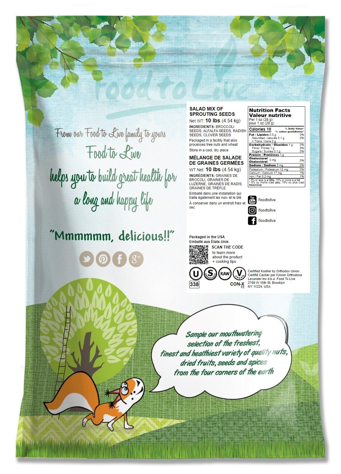 Food to Live Salad Mix of Sprouting Seeds, 10 Pounds – Broccoli, Clover, Radish, Alfalfa, Kosher, Raw, Vegan