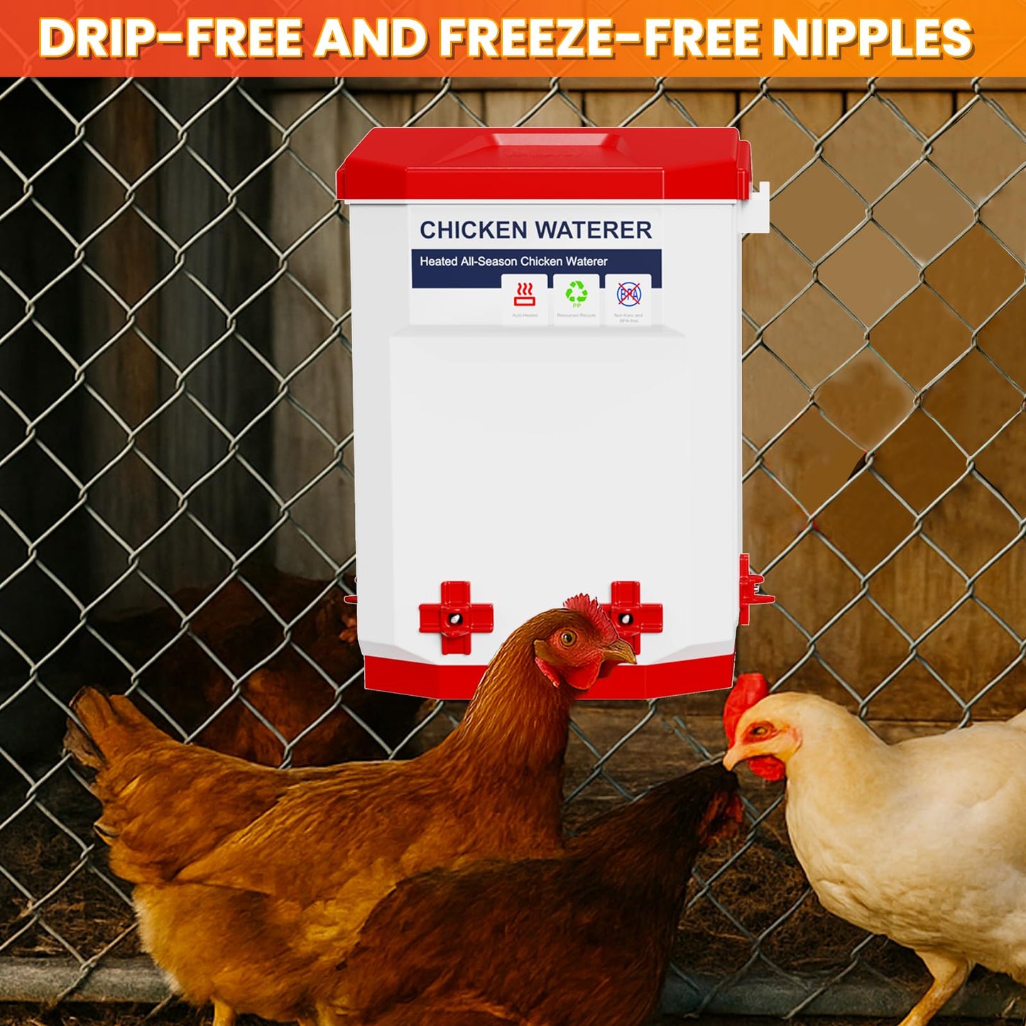 Nexum Heated Chicken Waterer - 2 Gallon Winter-Proof Poultry Drinker with Nipples and Stand, Auto Thermostat for Chickens, Ducks & Quail - Freeze-Resistant, Easy Fill (Red, 2 Gallon)