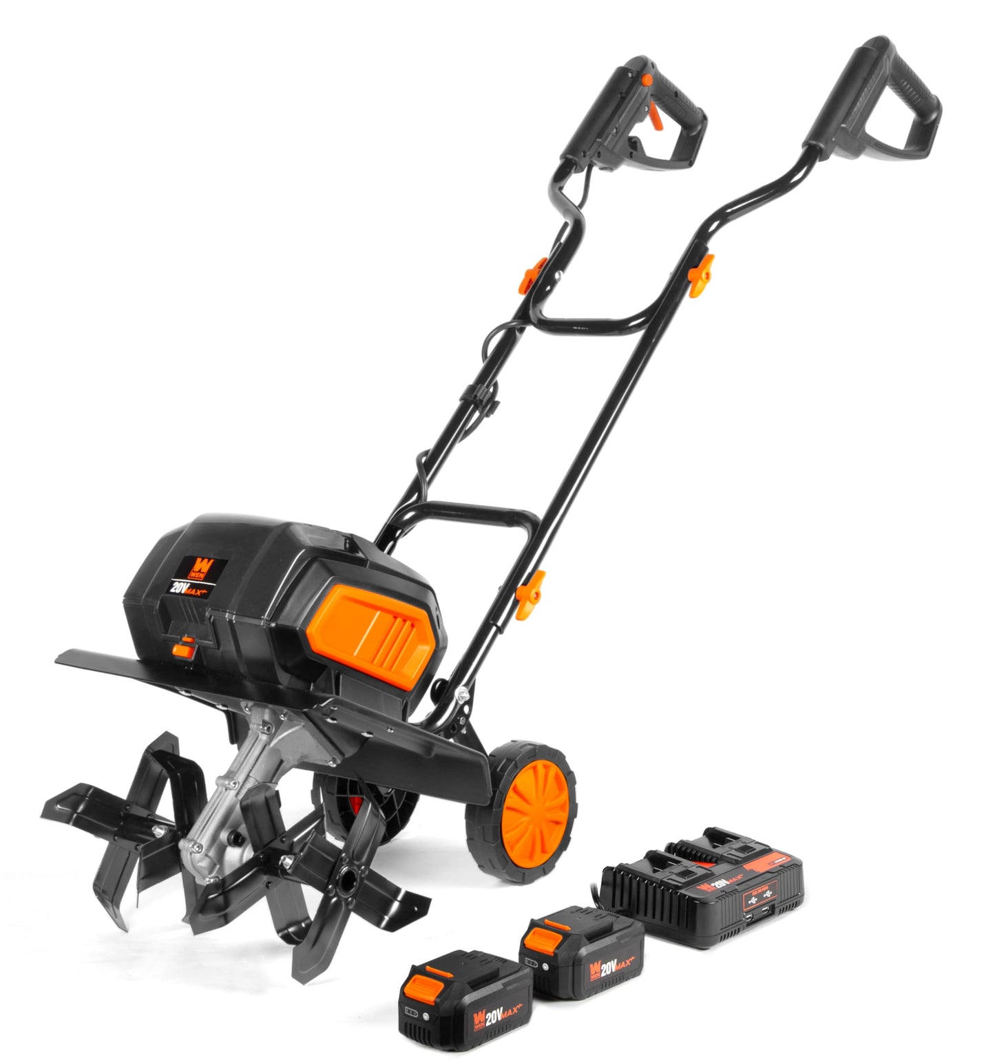 WEN 20V Max Cordless 14-Inch Brushless Electric Tiller with Two 4.0 Ah Batteries and Dual-Port Charger (20724)