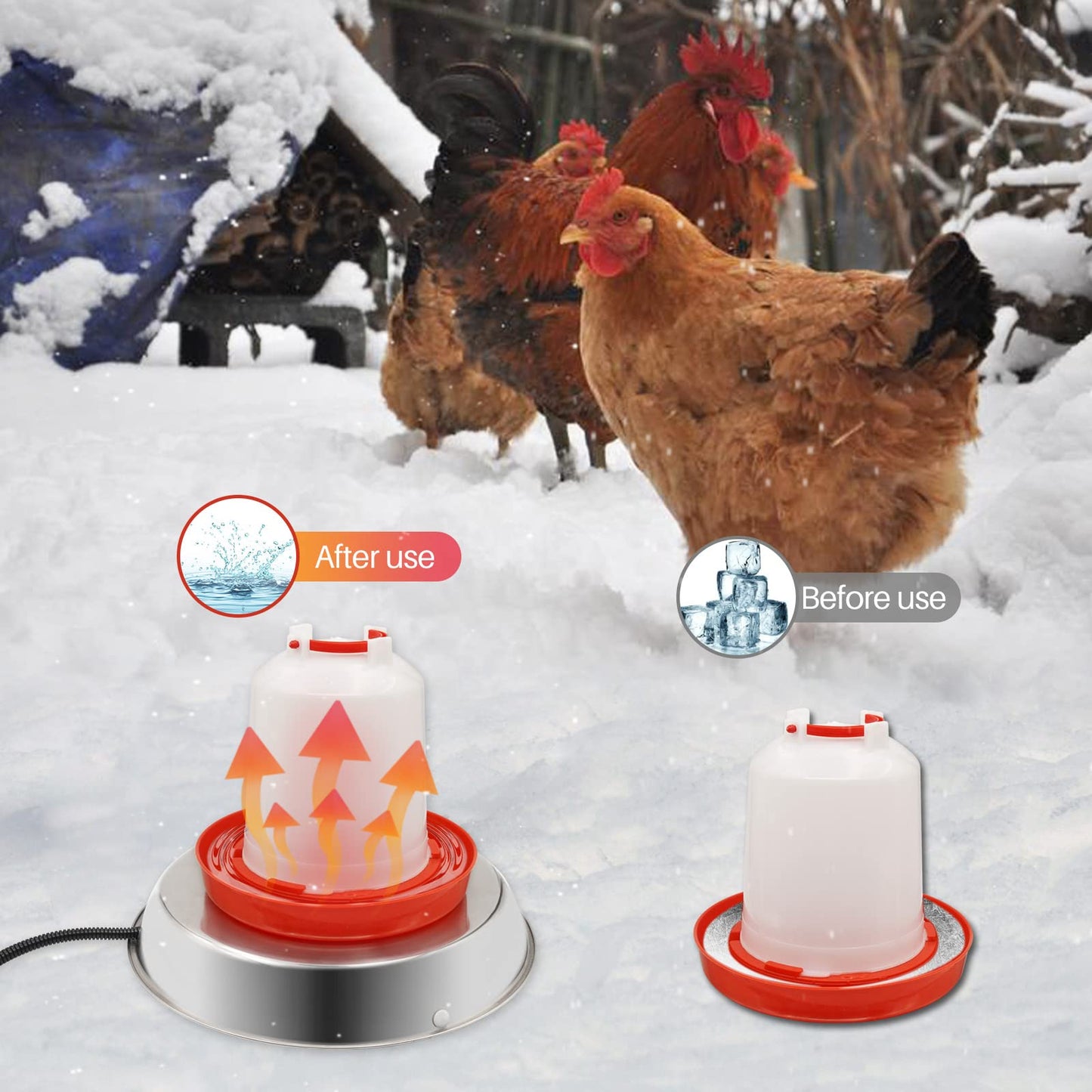 Chicken Waterer Heater,14 Inch Heated Chicken Waterer Base for Winter 5 Gallon with Anti-bite Cable for Poultry Fountains Water Bowl Plastic Metal Waterer