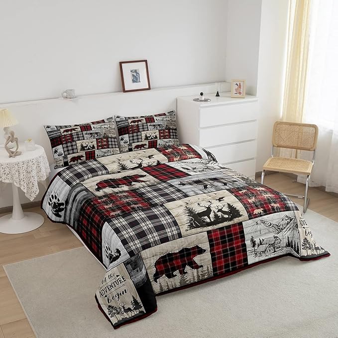 Rustic Cabin Comforter Set King Woodland Wolf Deer Bear Comforter For Kids Adults,Red Black Buffalo Plaid Bedding Set Wildlife Camping Lodge Mountain Quilt Bedding Southwestern Farmhouse Decor