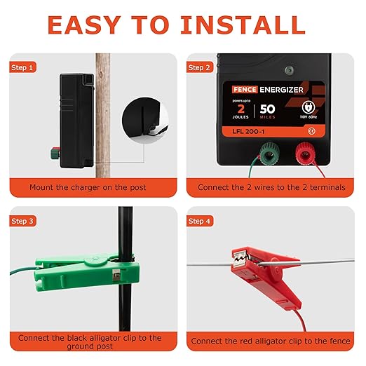 Electric Fence Charger AC Powered 50 Miles 165 Acres, 110 Volt 2 Joule Plug-in Electric Fence Energizer, Output Voltage Max 10 kV for Livestock, Preventing Predators from Intruding