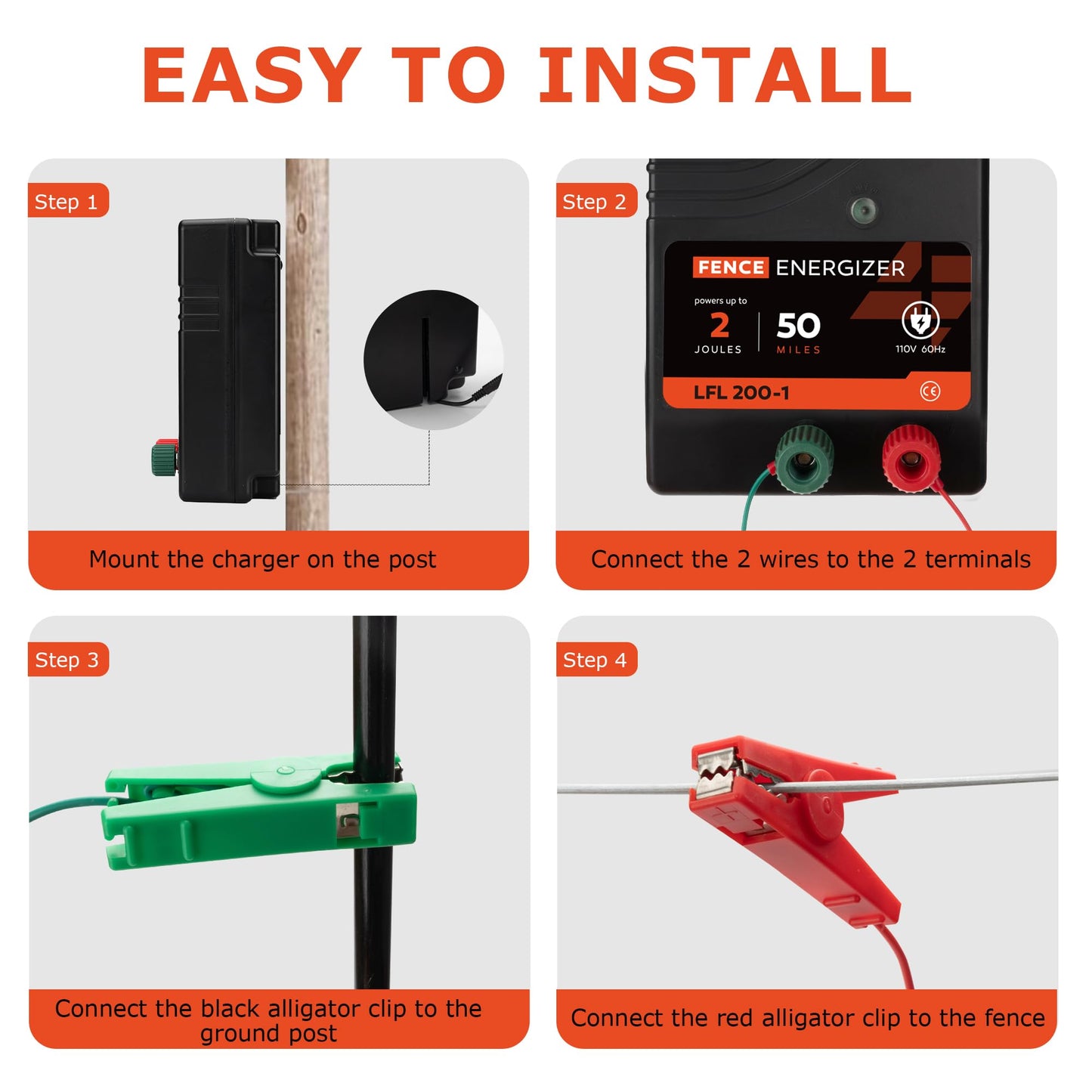Electric Fence Charger AC Powered 50 Miles 165 Acres, 110 Volt 2 Joule Plug-in Electric Fence Energizer, Output Voltage Max 10 kV for Livestock, Preventing Predators from Intruding